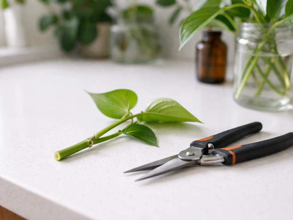 Close-up of sharp snips beside a short plant stem cutting showing visible nodes and trimmed leaves.