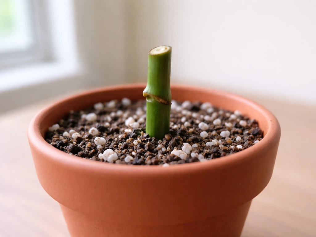 Close-up of a small pot with well-draining mix and a cutting node inserted upright into it.