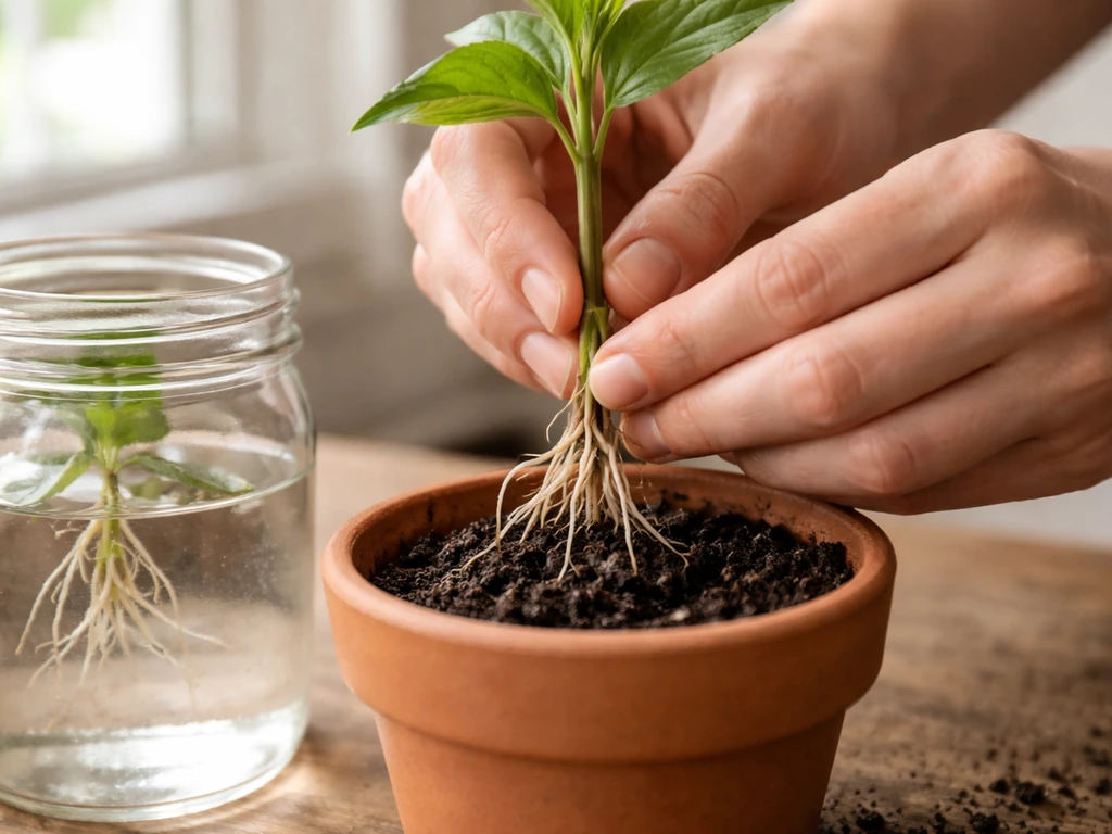 Hand gently moving a water-rooted cutting into a small pot with fresh potting mix