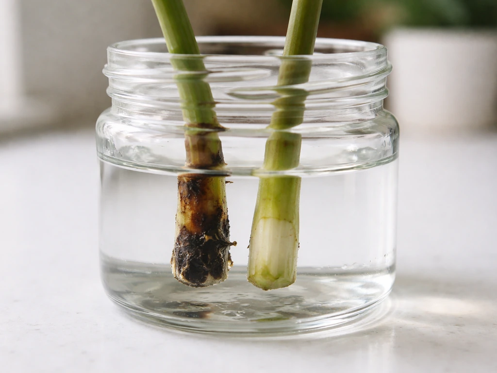 Close-up comparison of a mushy, blackened plant cutting base beside a healthy, clean cutting end in water.