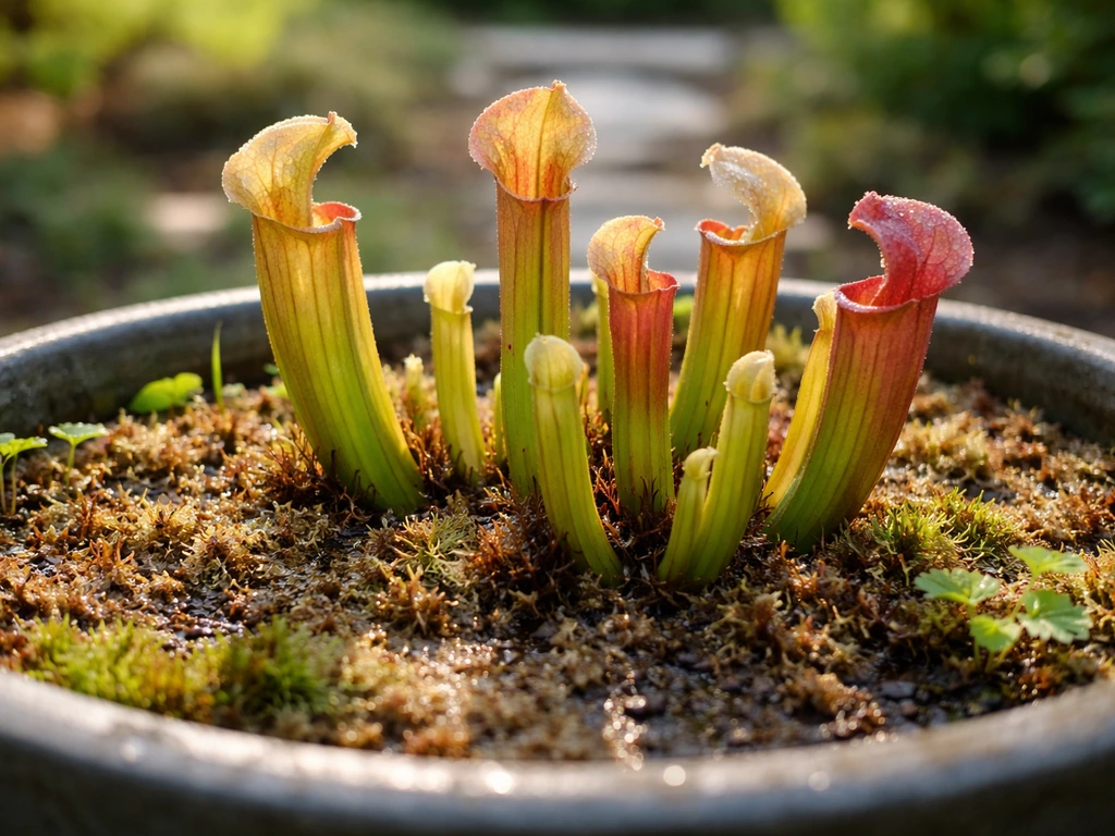 Sunlit outdoor Sarracenia pitcher plants growing in a wet bog garden container with active pitchers.