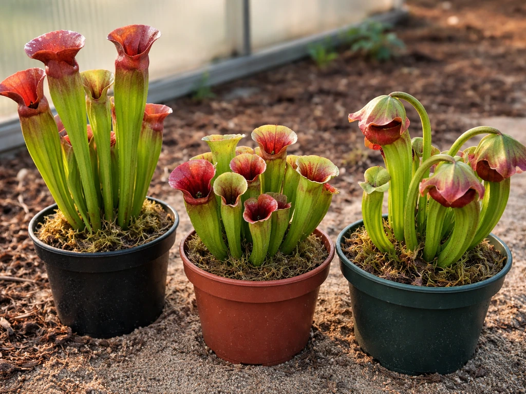 Three Sarracenia pitcher plants in small pots showing different growth forms outdoors