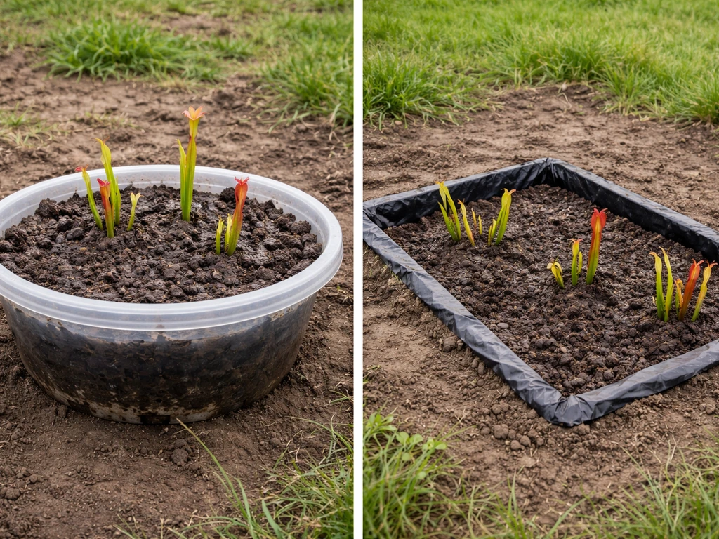 Split-view photo showing a shallow drained plastic container setup vs an in-ground outdoor bog bed for pitcher plants.