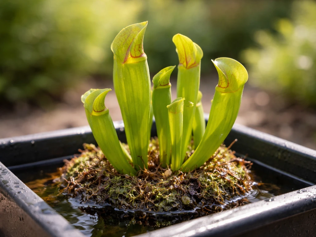 Fresh green pitcher plants emerging in a garden, with a shallow water tray beneath them.