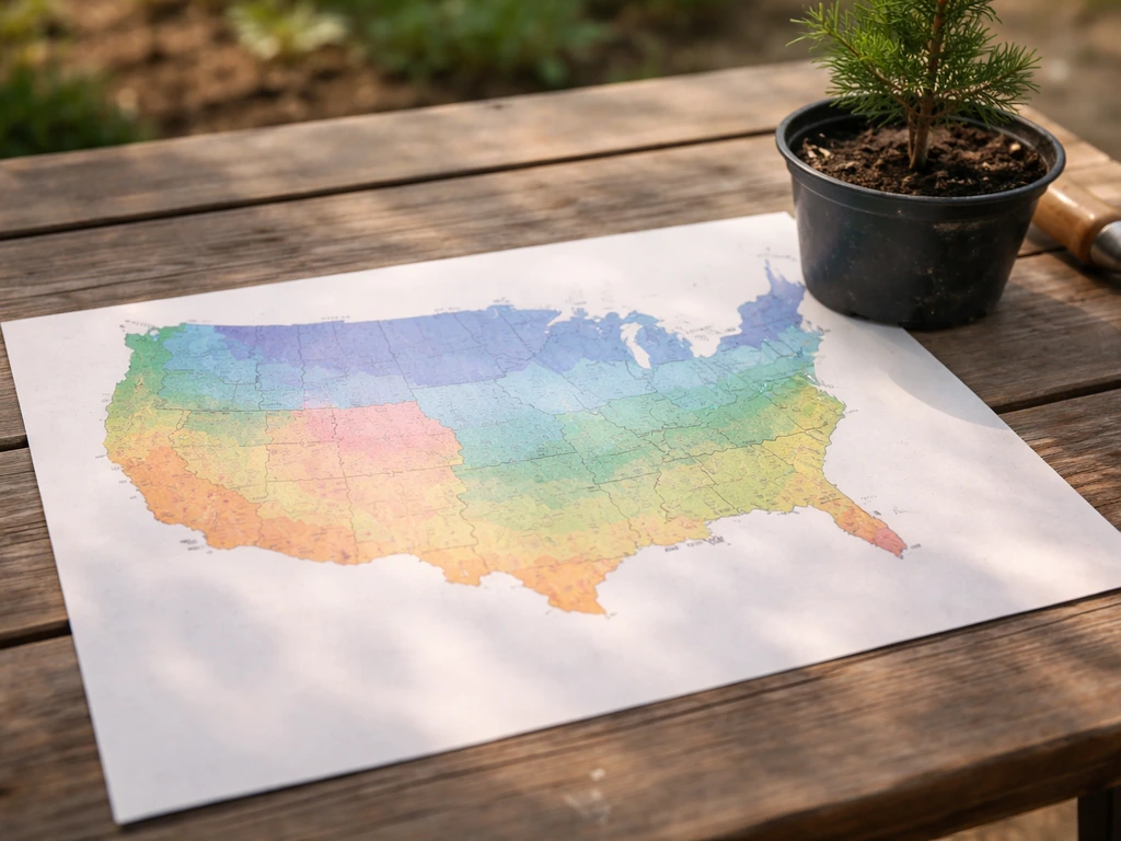 Close-up of a printed USDA-style plant hardiness zone map with a highlighted area and nearby colder zone
