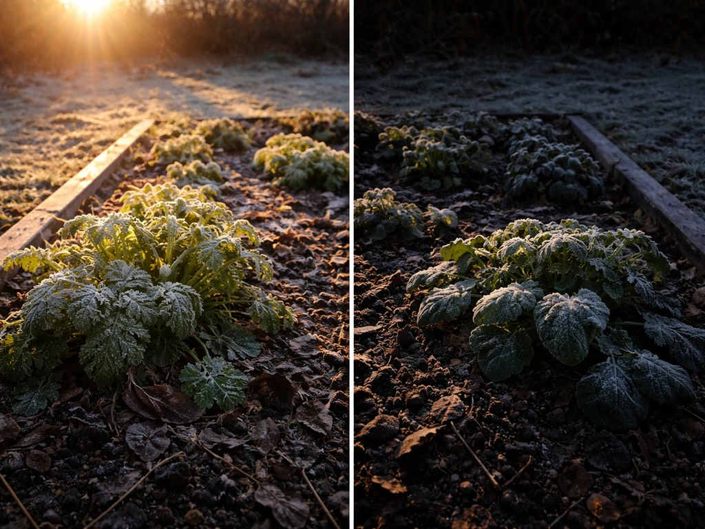 Low winter sun casting contrasting bright and shaded light over frost-touched garden plants