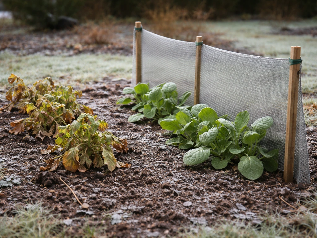 Winter garden plants with browned leaf edges on the windward side behind a simple windbreak screen.