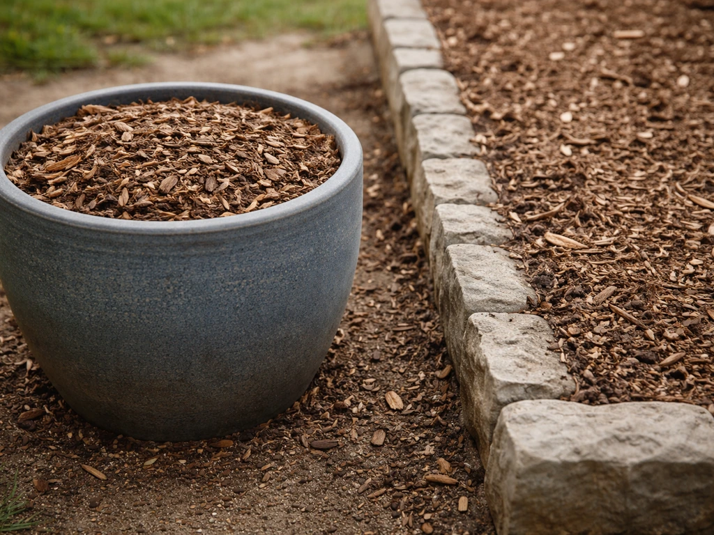 Large insulated container pot with mulch beside an in-ground bed, both with covered soil surfaces.