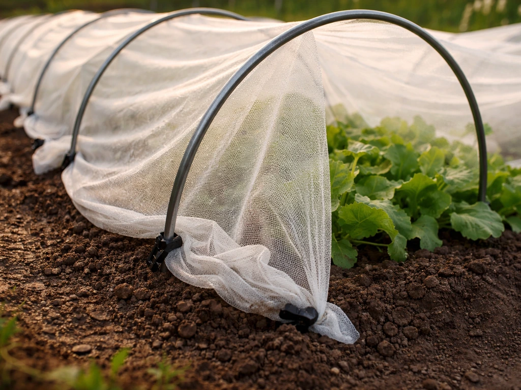 Floating row cover fabric stretched over metal hoops and secured at the base to block frost.