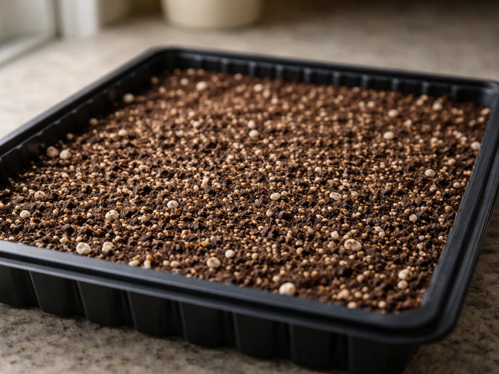 Shallow tray with peat-perlite soil mix and seeded surface ready for radish or microgreen germination.