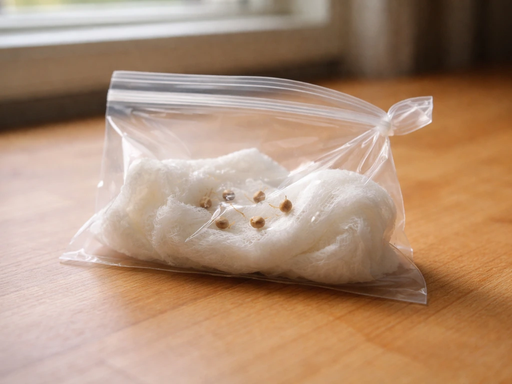 Sealed sandwich bag with a damp paper towel holding embedded seeds, resting in a warm indoor spot.