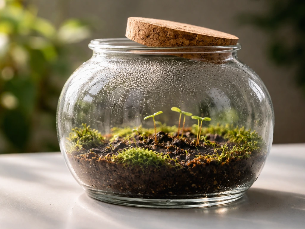 Small closed glass terrarium with moist soil and condensation showing a humid microclimate.