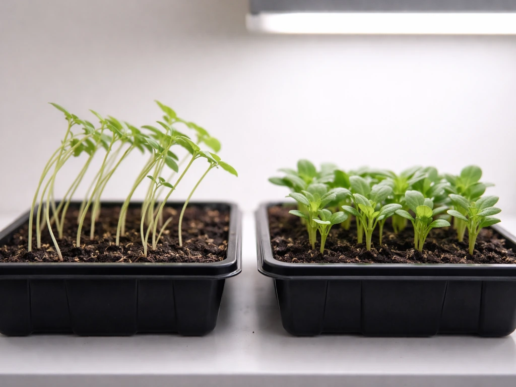 Close-up comparison of leggy pale seedlings next to compact healthy sprouts under bright light