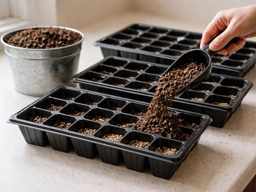 Beginner seed-starting trays with drainage holes and fresh seed-starting mix being poured into cells.