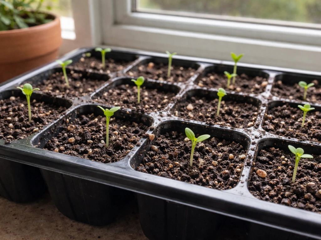 Seed-starting tray with damp soil and tiny emerging seedlings in cells on a sunny windowsill