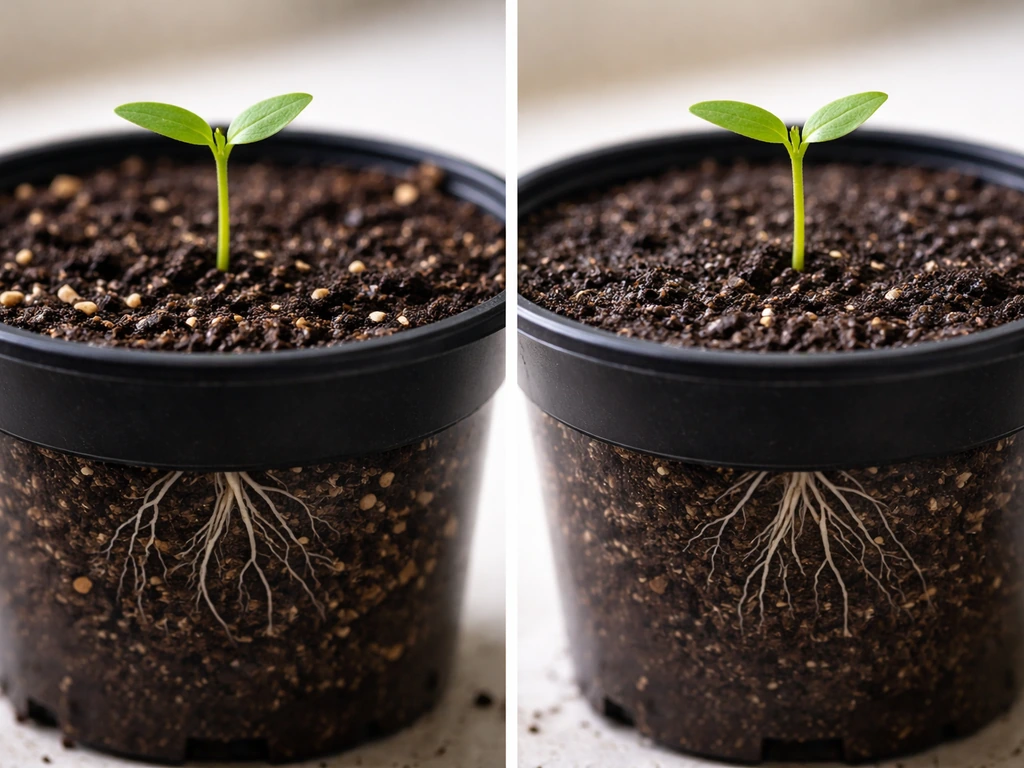 Split close-up showing a seedling in moist seed-starting mix with a healthy, visible root zone.