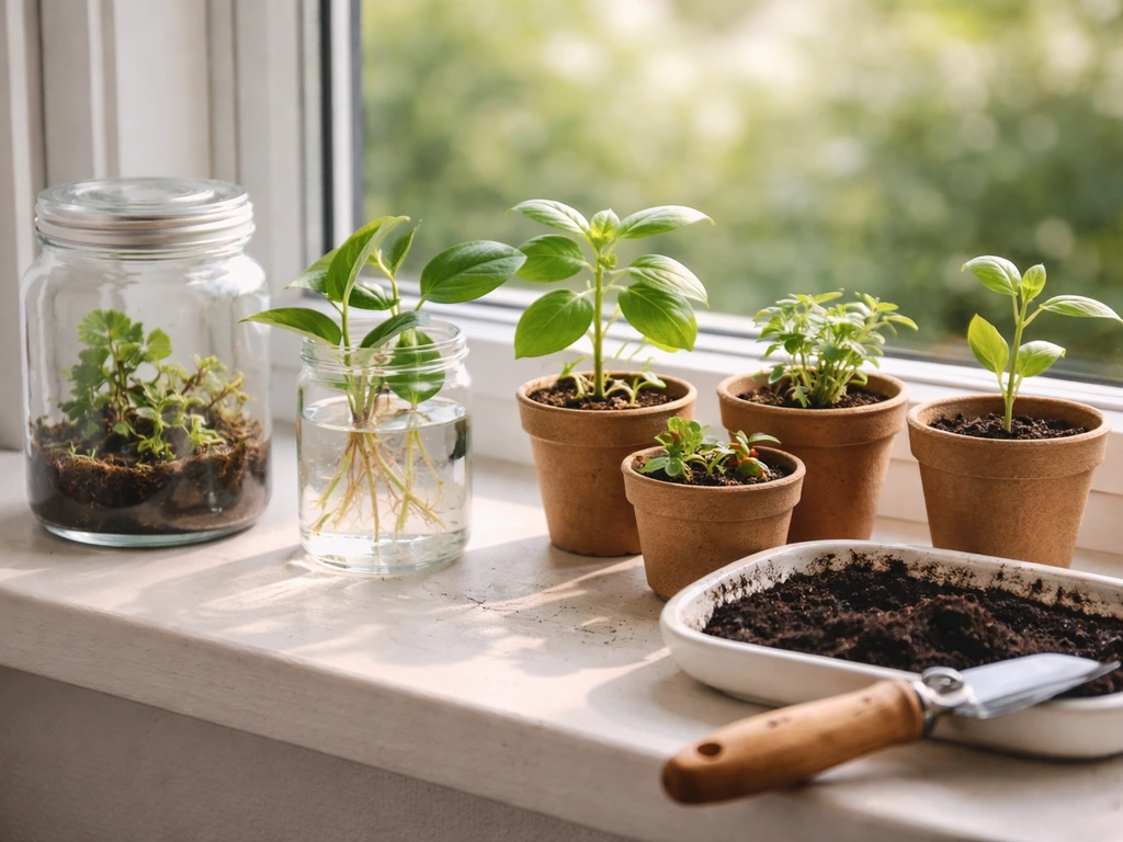 Tidy windowsill with healthy starter plants, soil, and small hydro/terrarium containers for beginner plant growing.