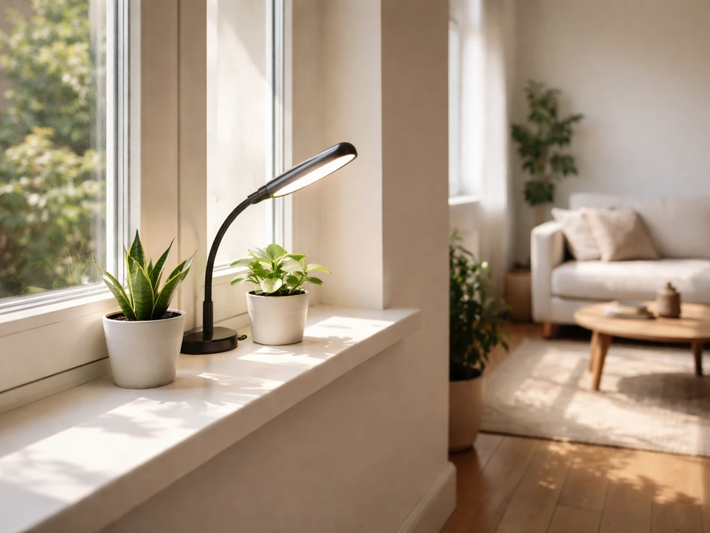 Sunlit windowsill with a few houseplants and a subtle grow light option near the glass.