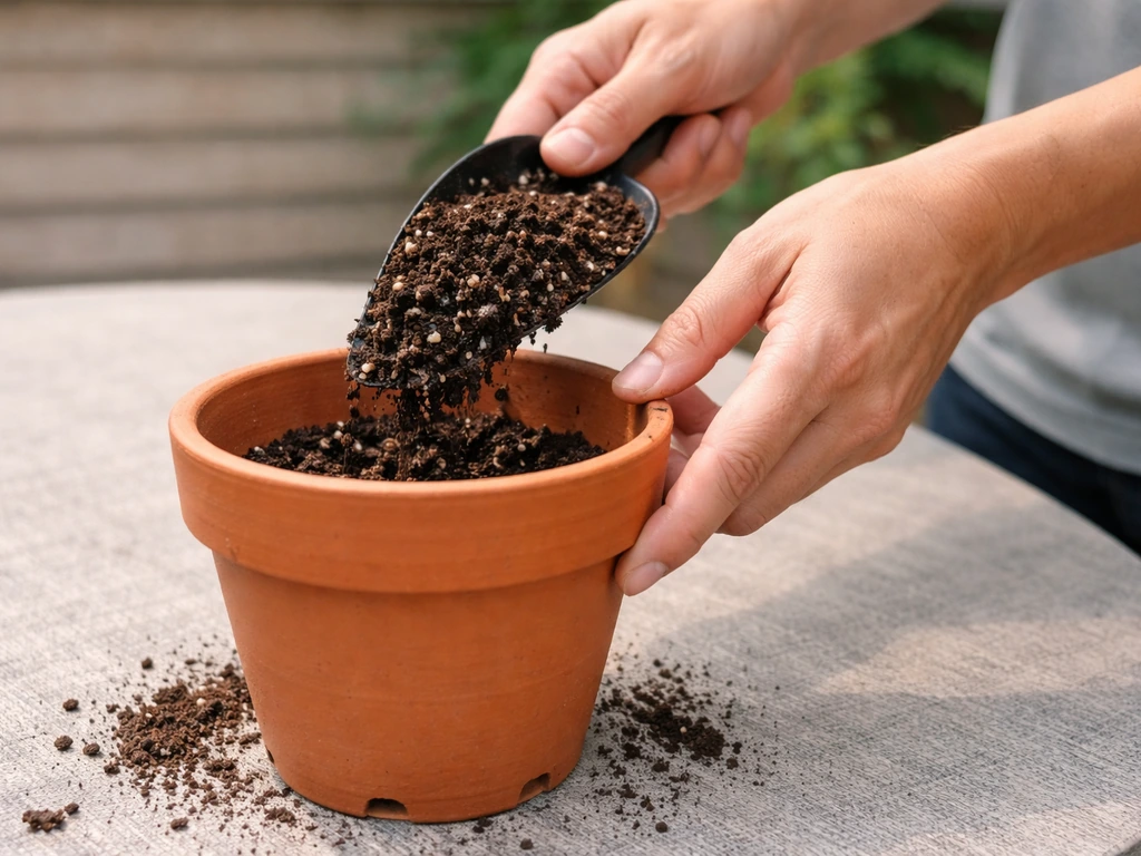 Hands filling a potting mix container with drainage holes and preparing soil for planting