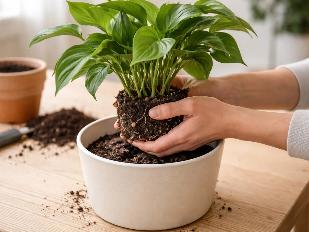 Houseplant being gently placed into a new pot with fresh potting mix