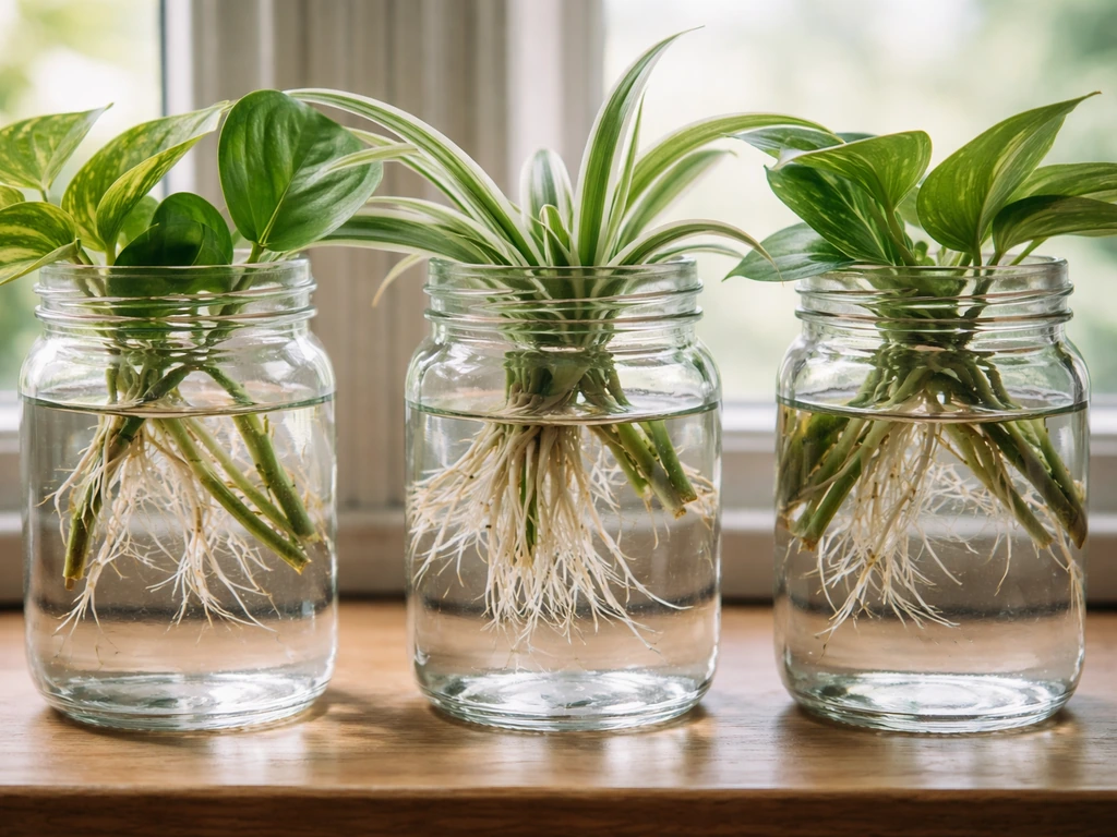 Plant cuttings with new roots in clear glass jars on a bright windowsill