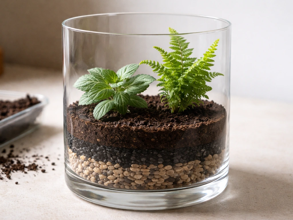 Minimal terrarium setup in a clean glass container with layered charcoal and small plants