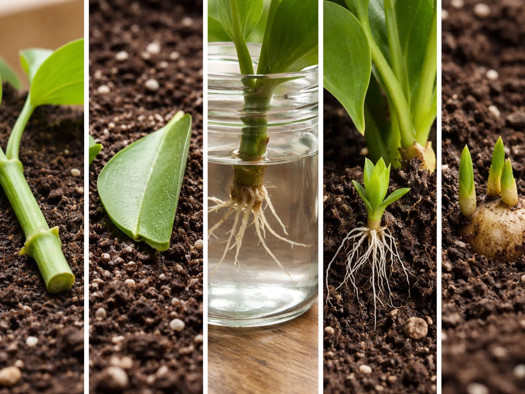 Split-screen photo showing plant propagation options: stem nodes, leaf cuttings, roots, offsets, and bulb rhizome