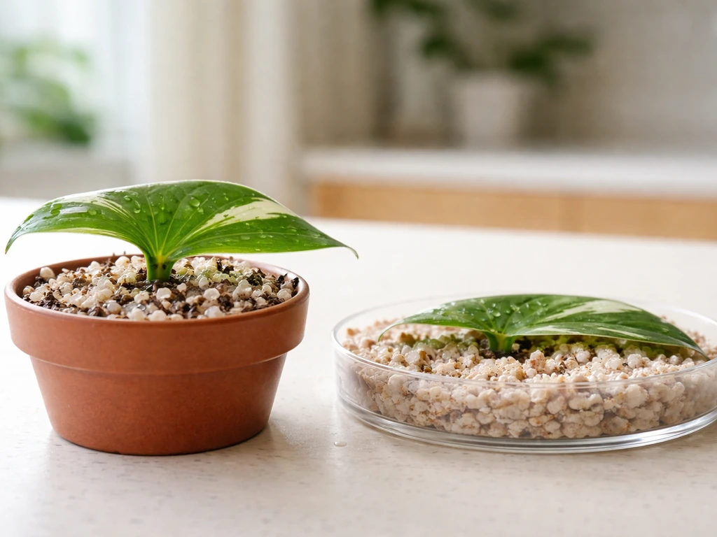 Close-up of a single leaf cutting inserted into moist rooting medium in a small pot.