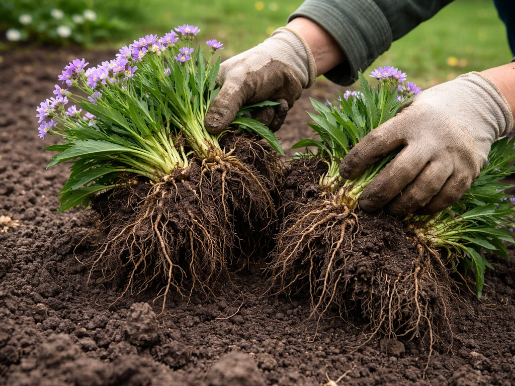 Garden clump of perennials lifted from soil with roots exposed and sections separated for replanting