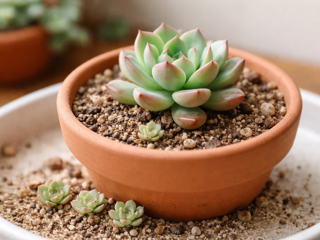Close-up of a succulent mother plant with small offsets detached and ready to root.