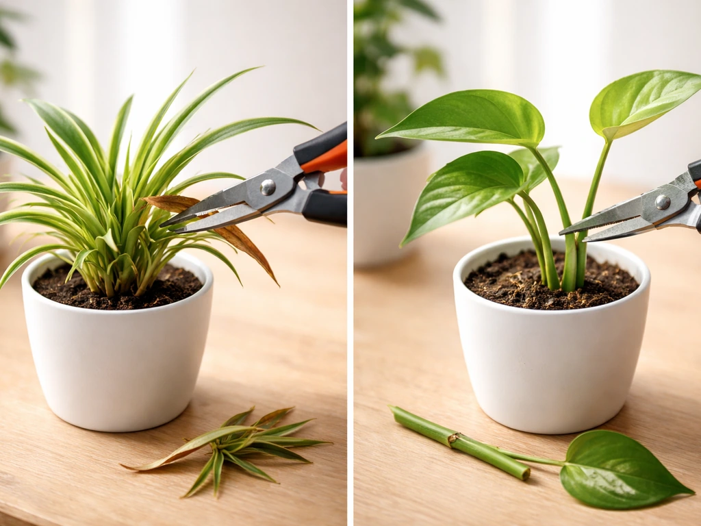 Two potted plants side-by-side: one being pruned off dead tips, the other getting a healthy propagation cutting.
