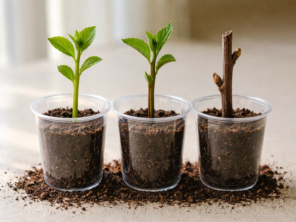 Three labeled-free cuttings in small pots showing different stem thickness: softwood, semi-hardwood, hardwood.