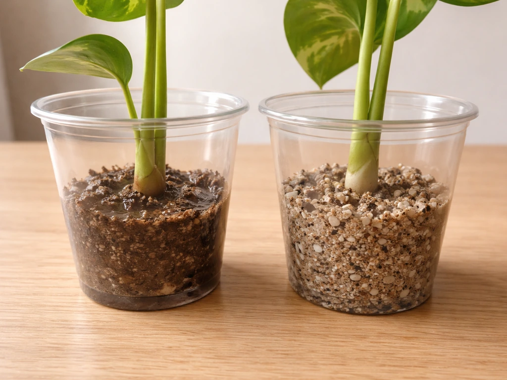 Two small plant cuttings in soil: one base dark and mushy, one base clean in lightly moist, well-drained mix.