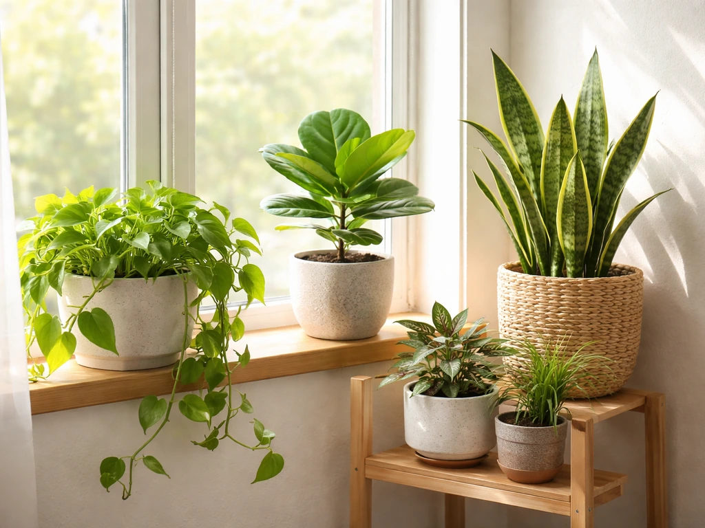 Healthy indoor plants in different pots by a bright window with sunlight on glossy leaves.