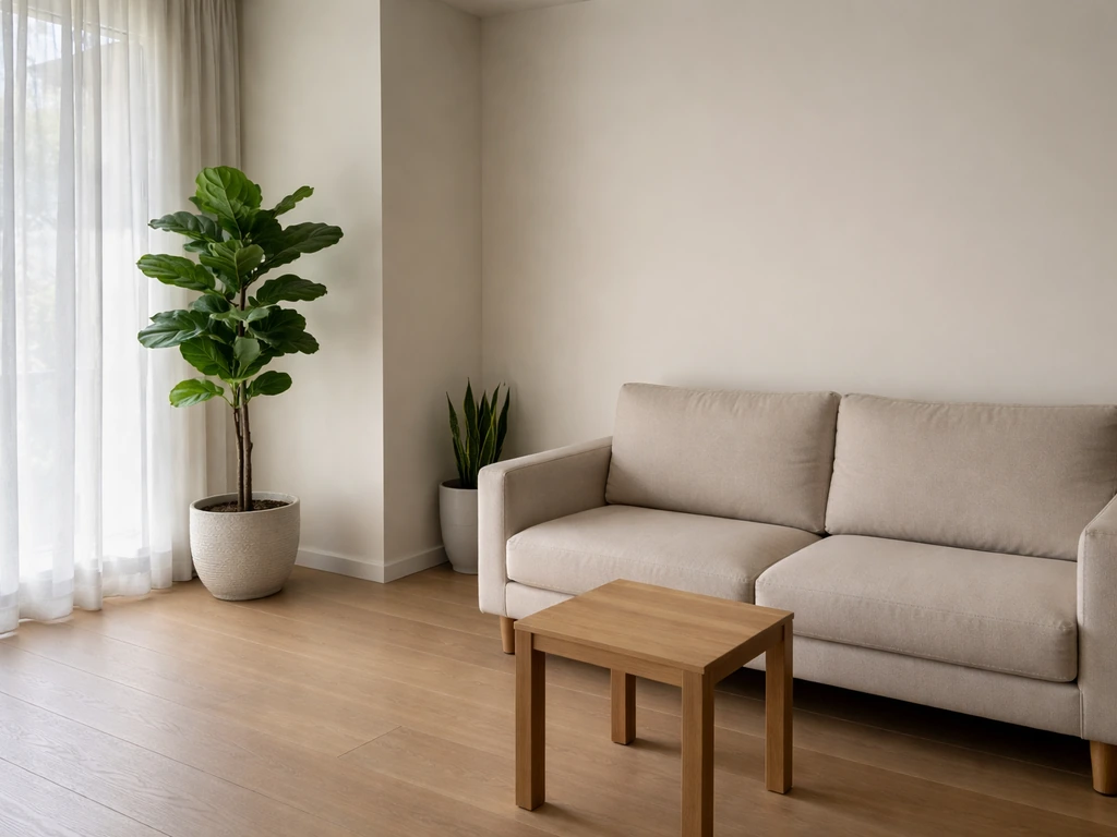 Living room with two houseplants—one in a darker corner and one near a bright window.