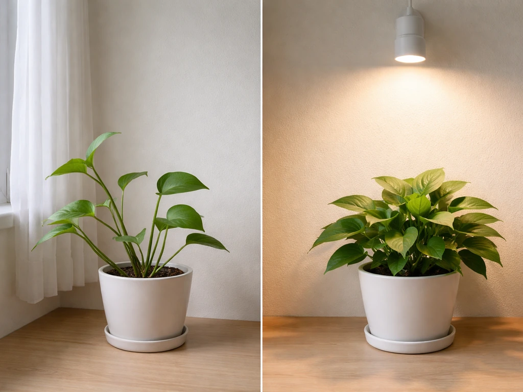 Two small potted plants side-by-side: one pale and stretched near a window, the other greener under a grow light.
