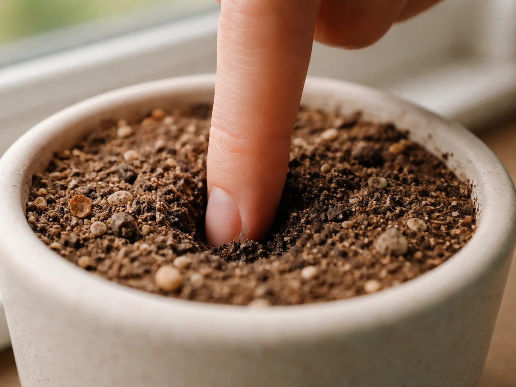 Close-up of a hand pushing a finger 1–2 inches into dry pot soil, revealing drier vs darker moist texture.