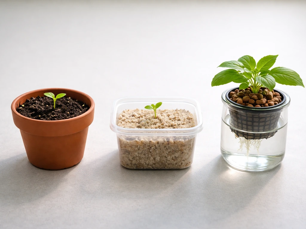 Three houseplant growing mediums shown side by side: soil pot, soilless mix, and a simple hydroponic setup.