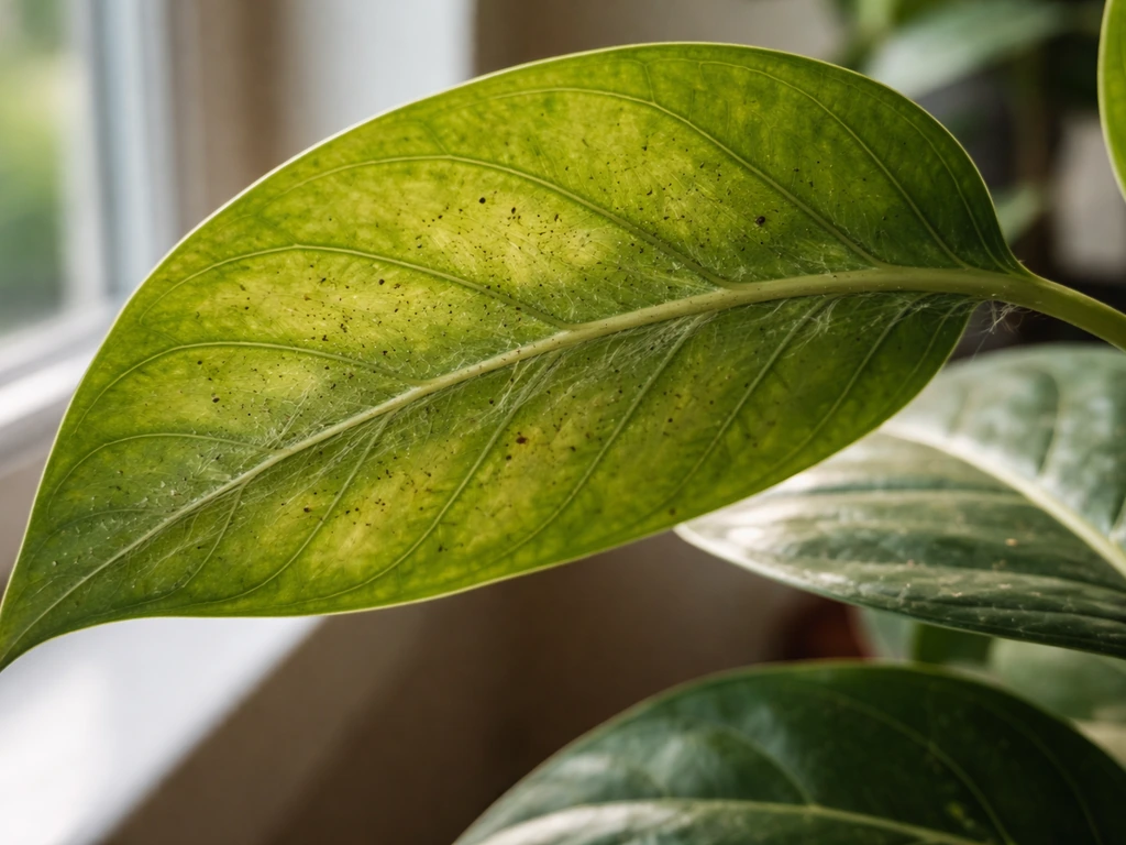 Close-up of an indoor plant leaf underside with faint webbing and pest damage