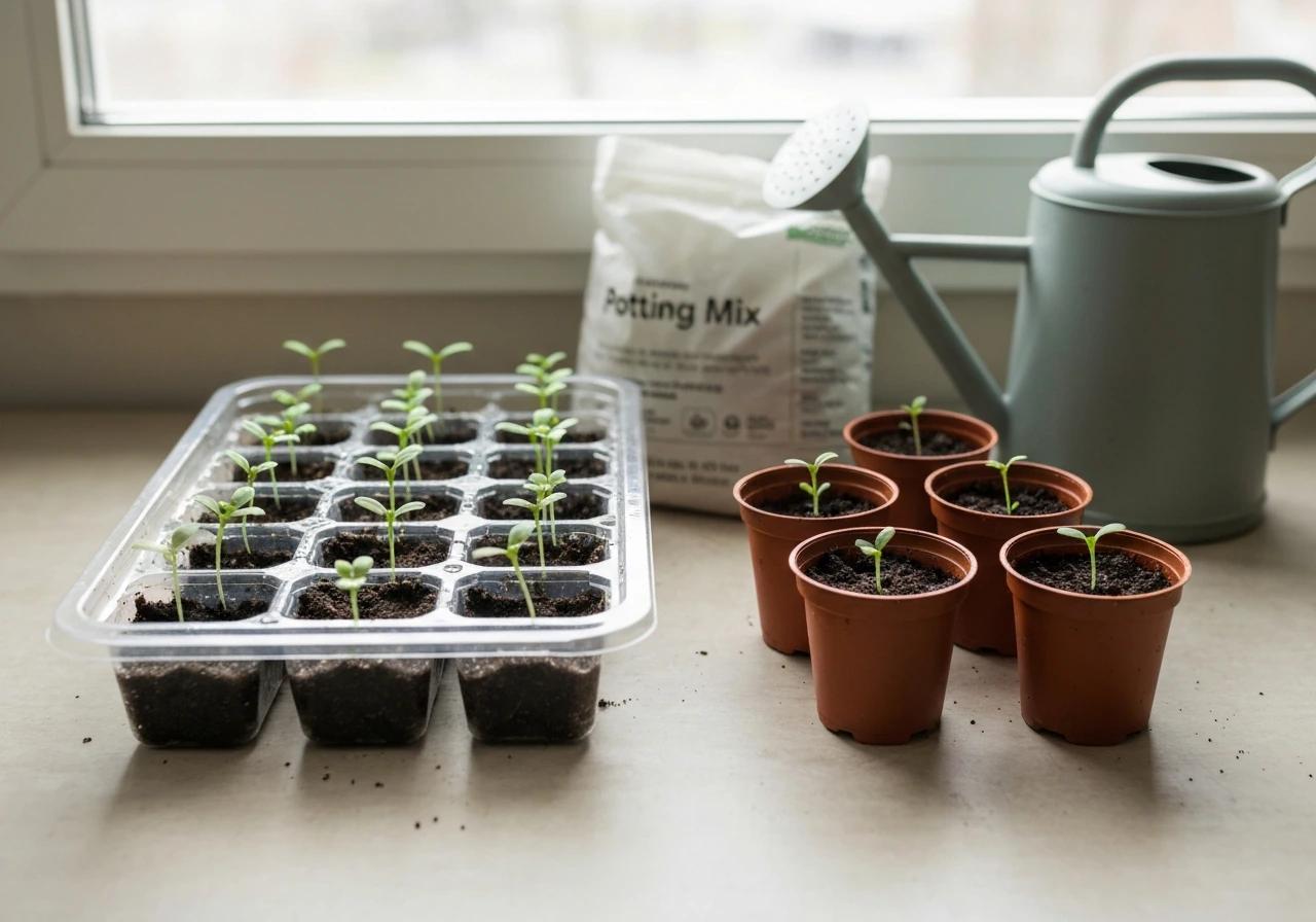 Seedlings in a tray next to small pots, showing young plants transitioning into healthy growth.