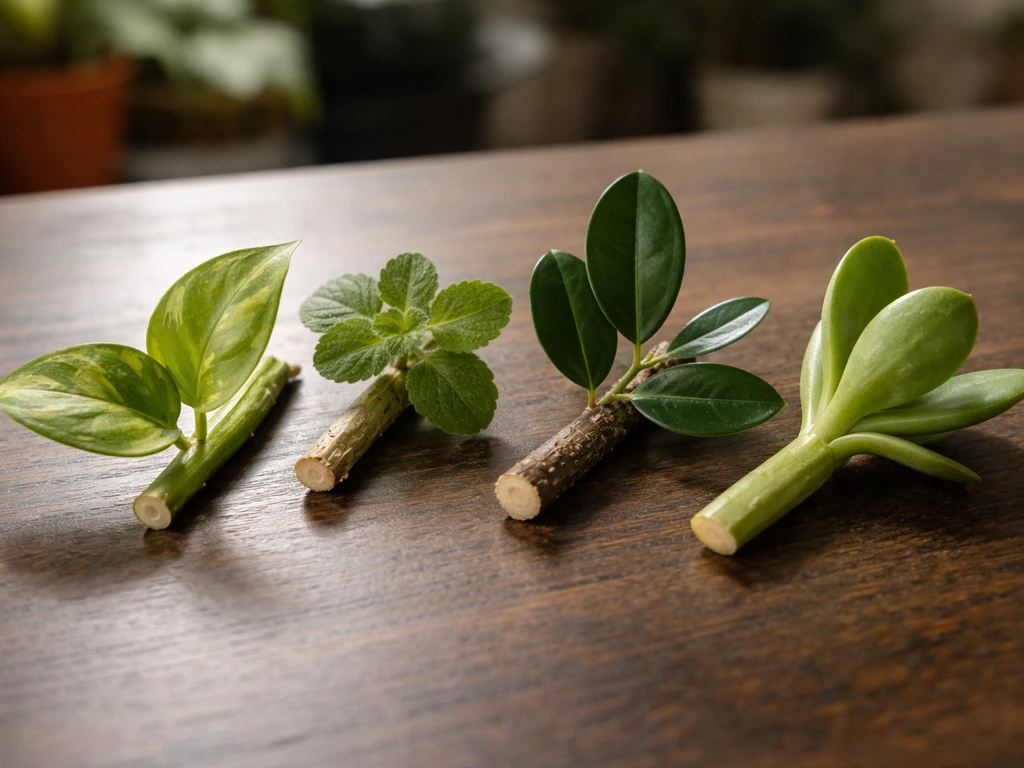 Close-up of multiple plant cuttings on a dark wooden table, leaves and bark textures visible for identification