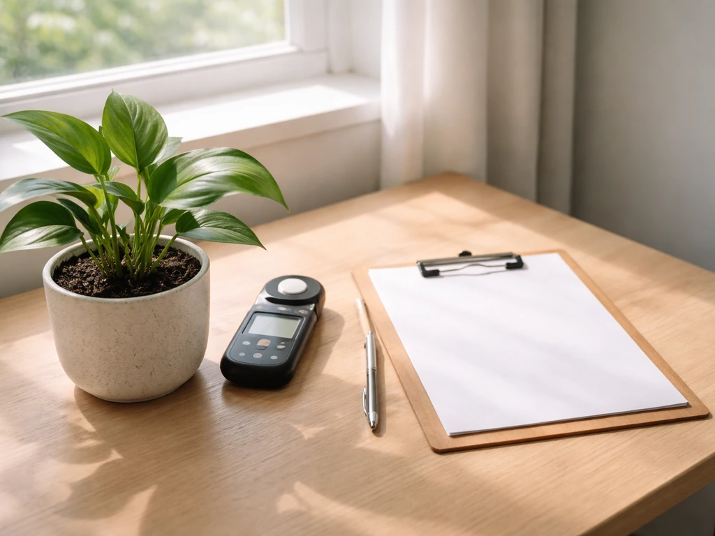 Gardening caretaker desk with a plant by a window, light meter nearby, clipboard with care notes