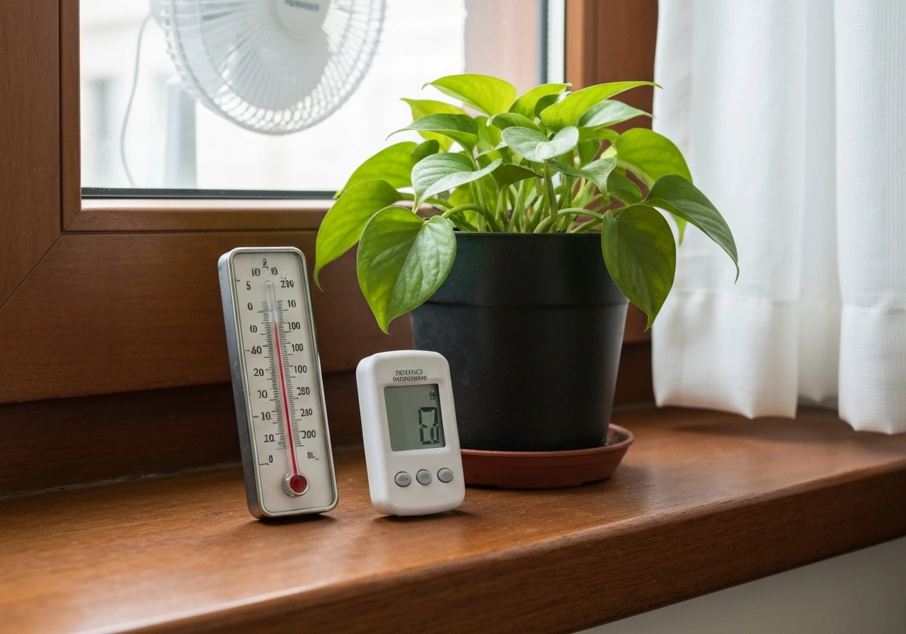 Analog thermometer and hygrometer next to a potted plant on a windowsill with gentle airflow.