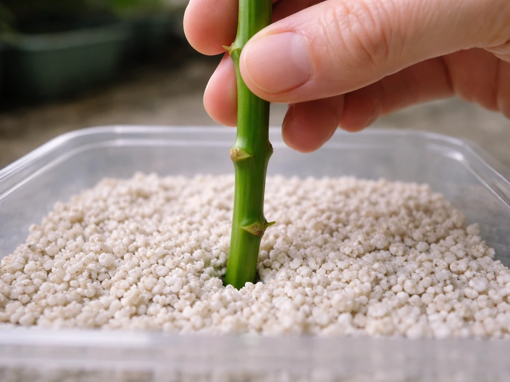 Hand placing a fresh stem cutting into perlite rooting medium, nodes visible near the surface.