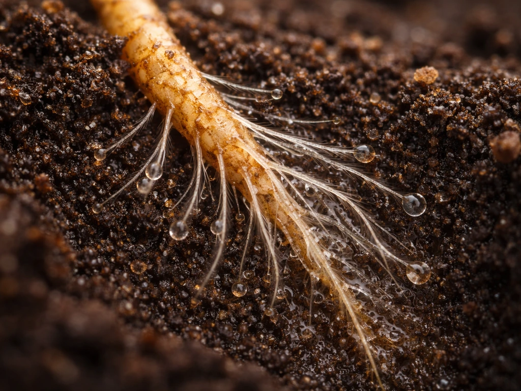 Macro close-up of moist soil and fine root hairs absorbing water near a plant root.
