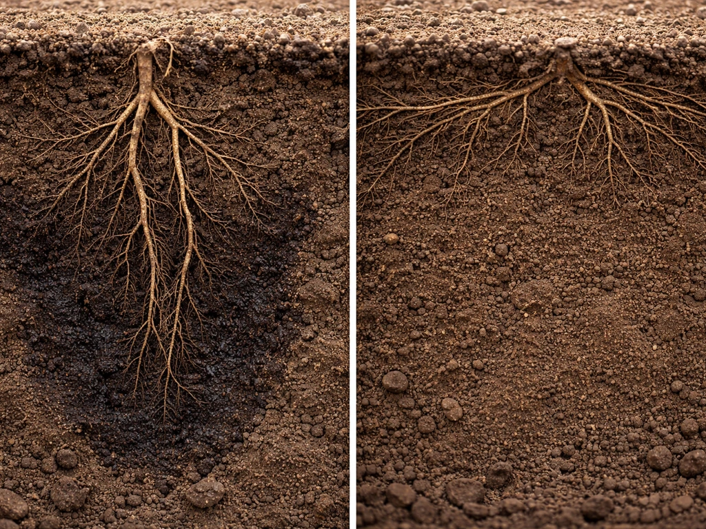 Side-by-side soil cutaways showing roots going deeper toward a deep moisture pocket vs spreading near surface dampness.