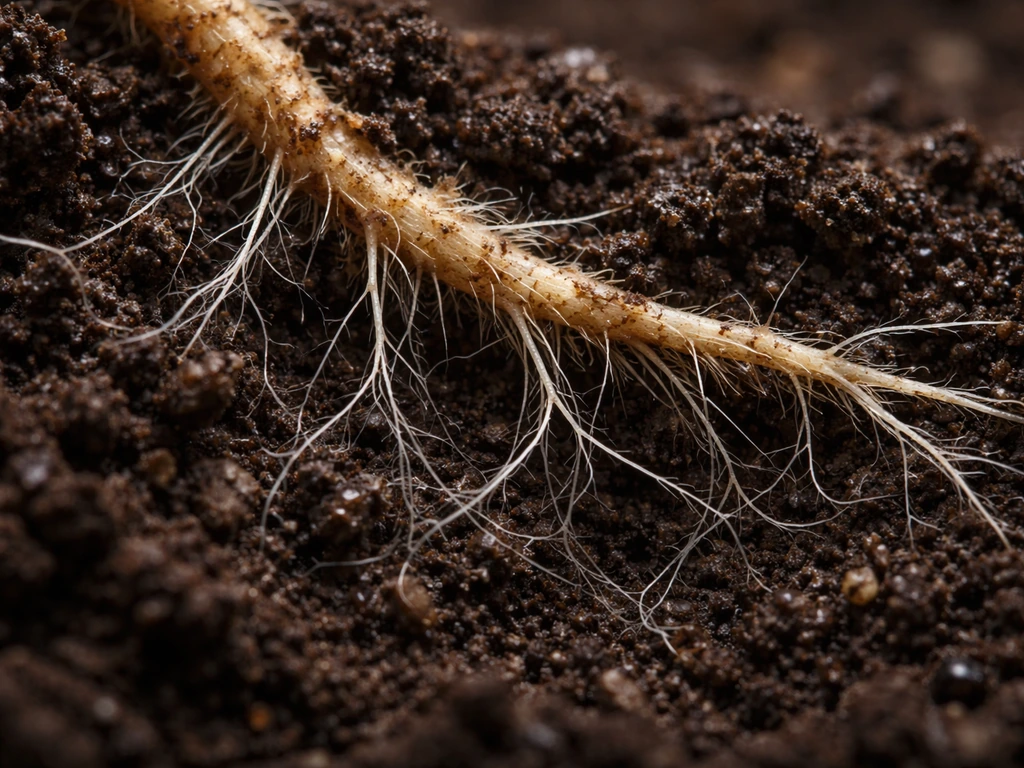Macro view of fine plant roots in moist soil with pale mycorrhizal hyphae spreading between particles.