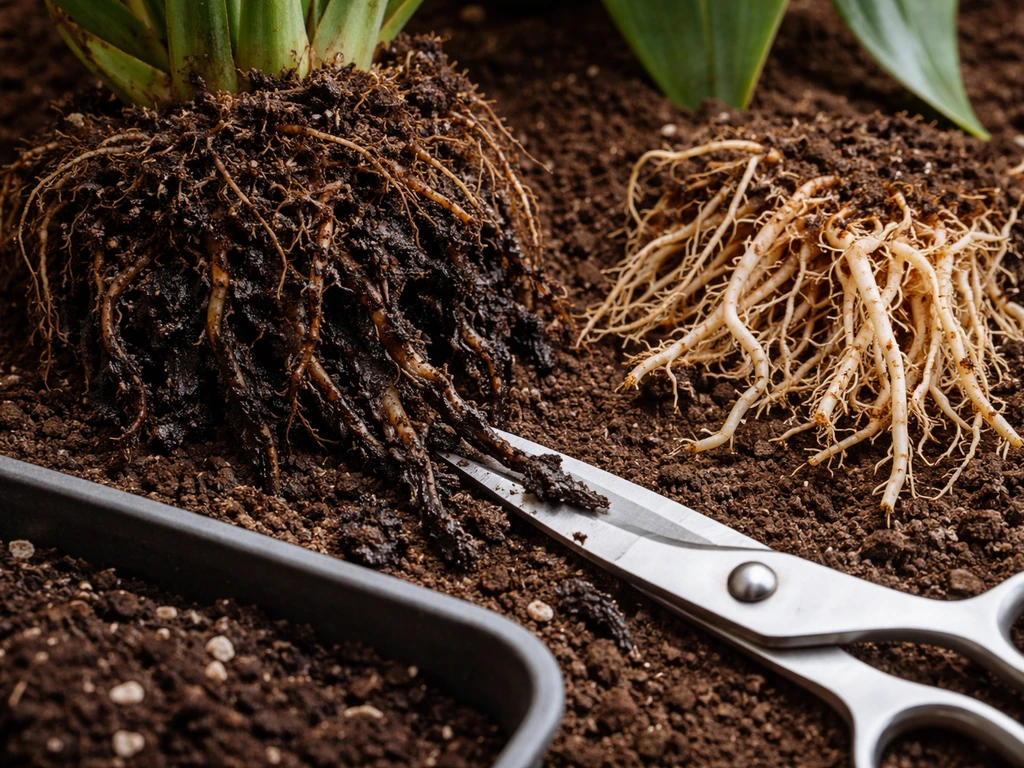 Close-up of a plant root showing dark mushy rot beside clean cut roots and disinfected scissors on soil.
