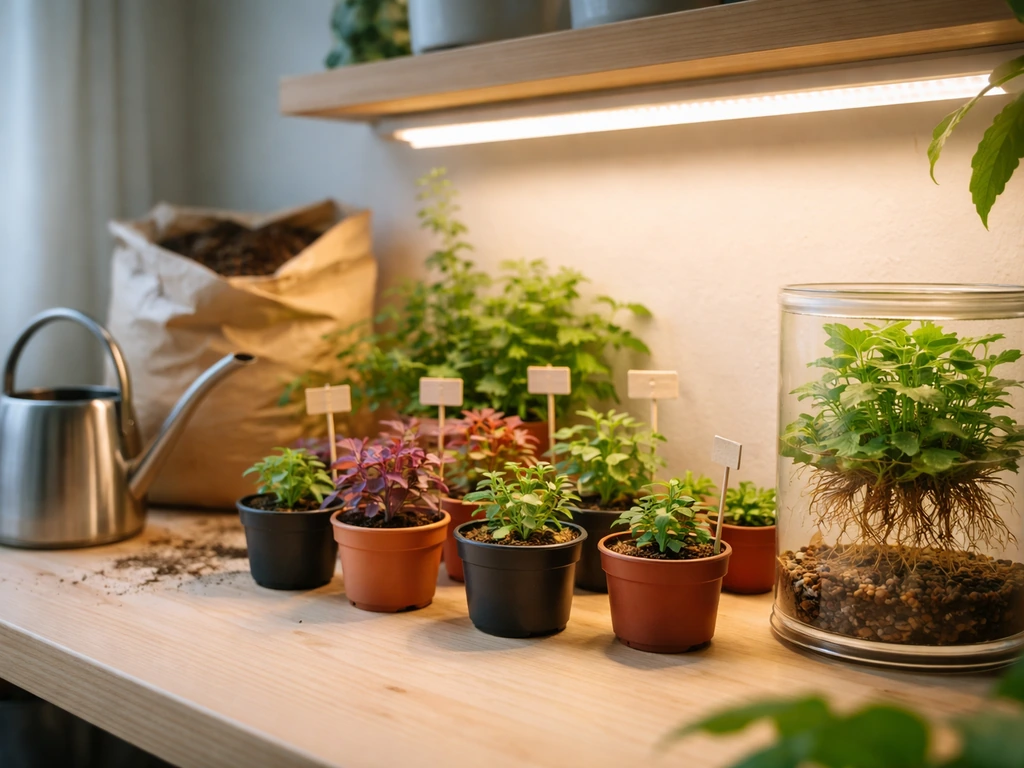 Home indoor grow setup with seedlings under warm grow lights, neatly arranged pots, and a small hydro terrarium corner.