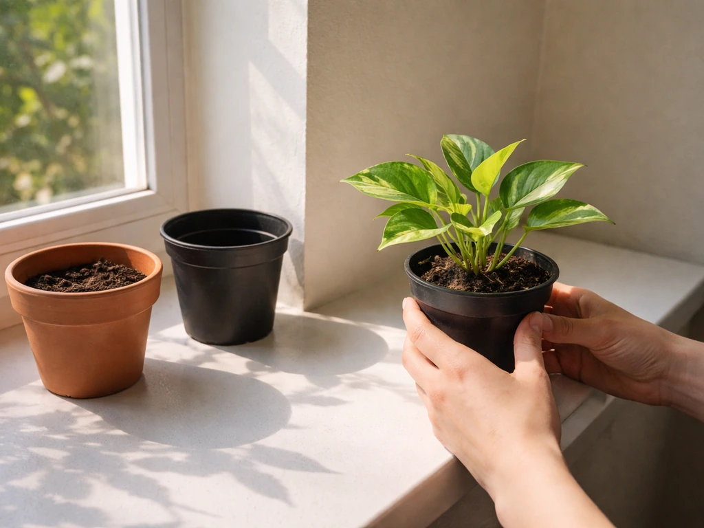 Hands place a small plant pot by a bright window and a shaded corner to match light conditions.